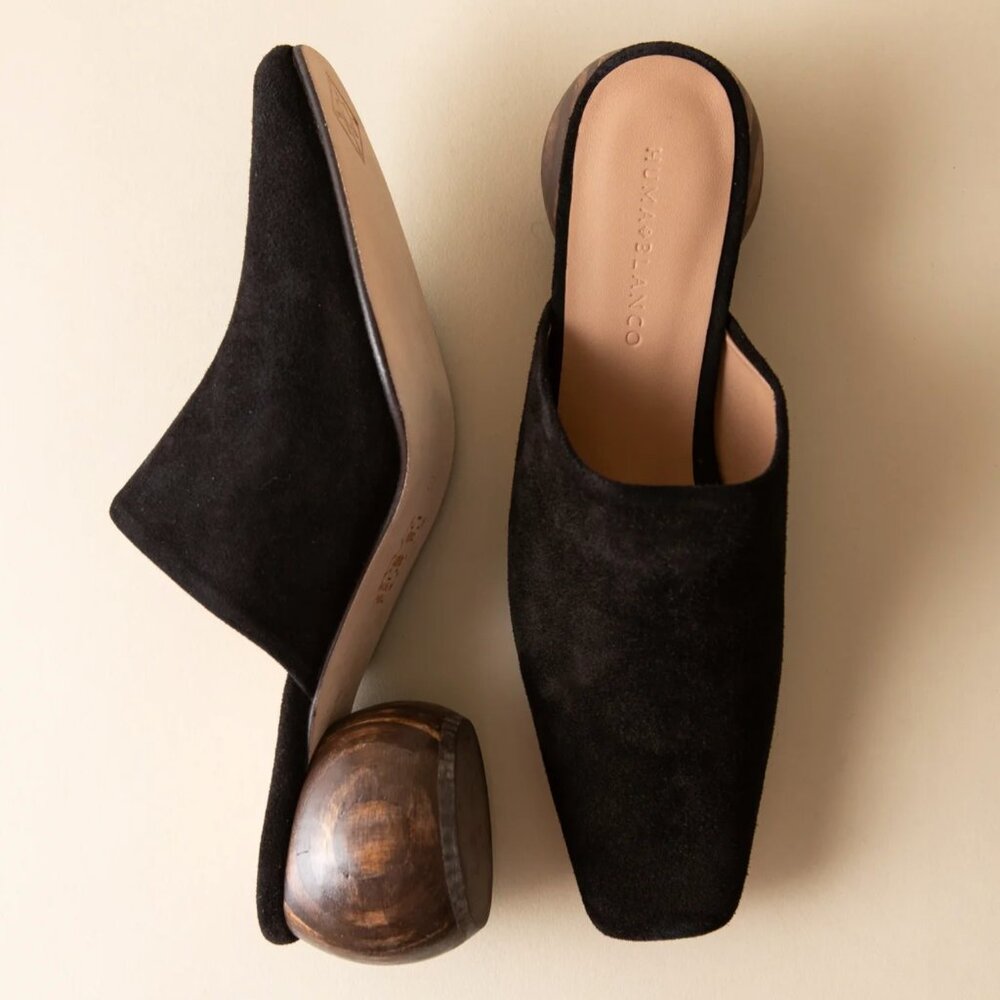 Huma Blanco Mina Black Suede Heeled Mules with Round Wood Heel, Size 36